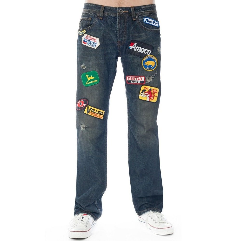 CULT OF INDIVIDUALITY Mens Jeans 30 Hagen Relaxed Color:Blue w/patches NEW